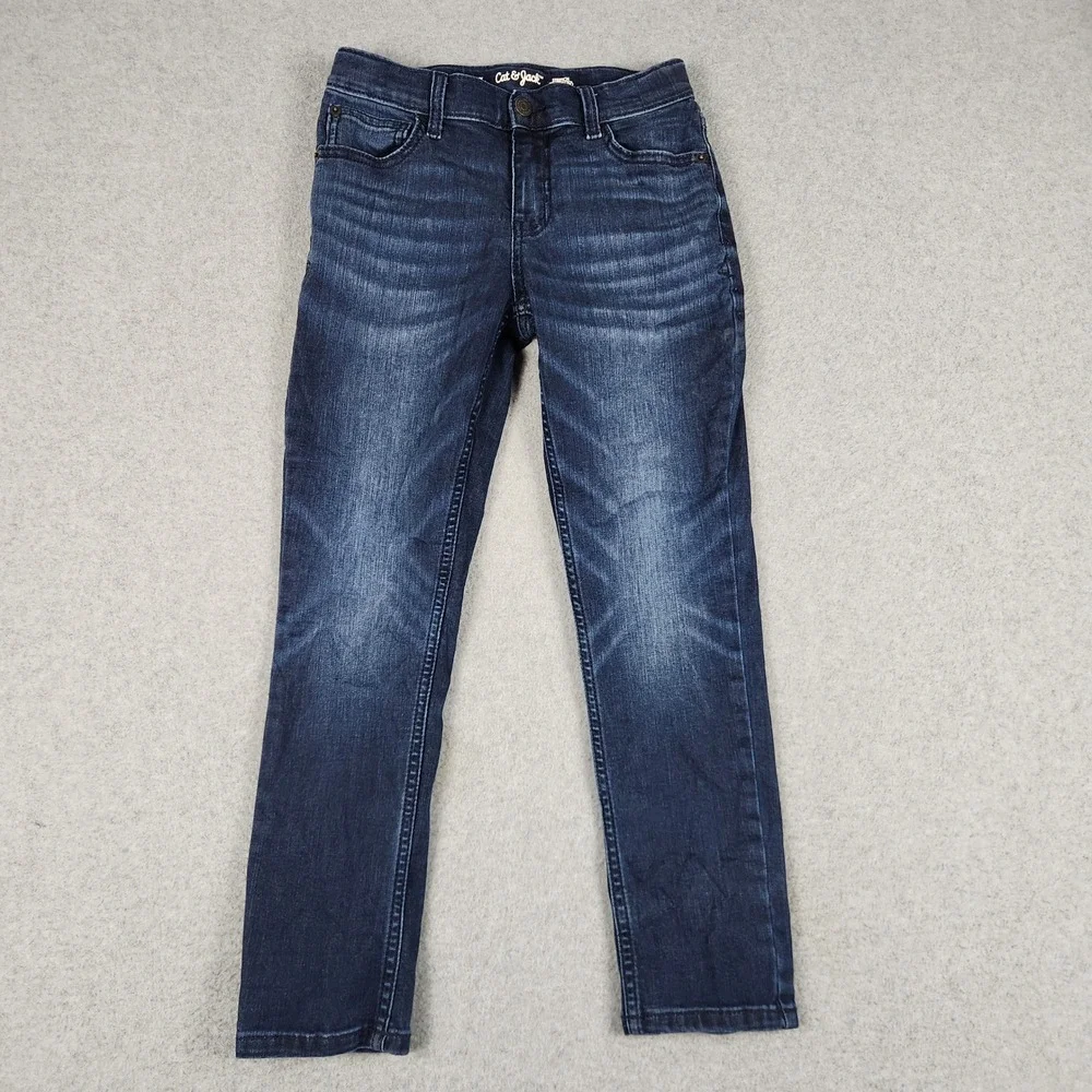 Cat & Jack Jeans‎ Kids 8 Blue Denim Whiskered Cotton Stretch Slim Fit Skinny Leg
